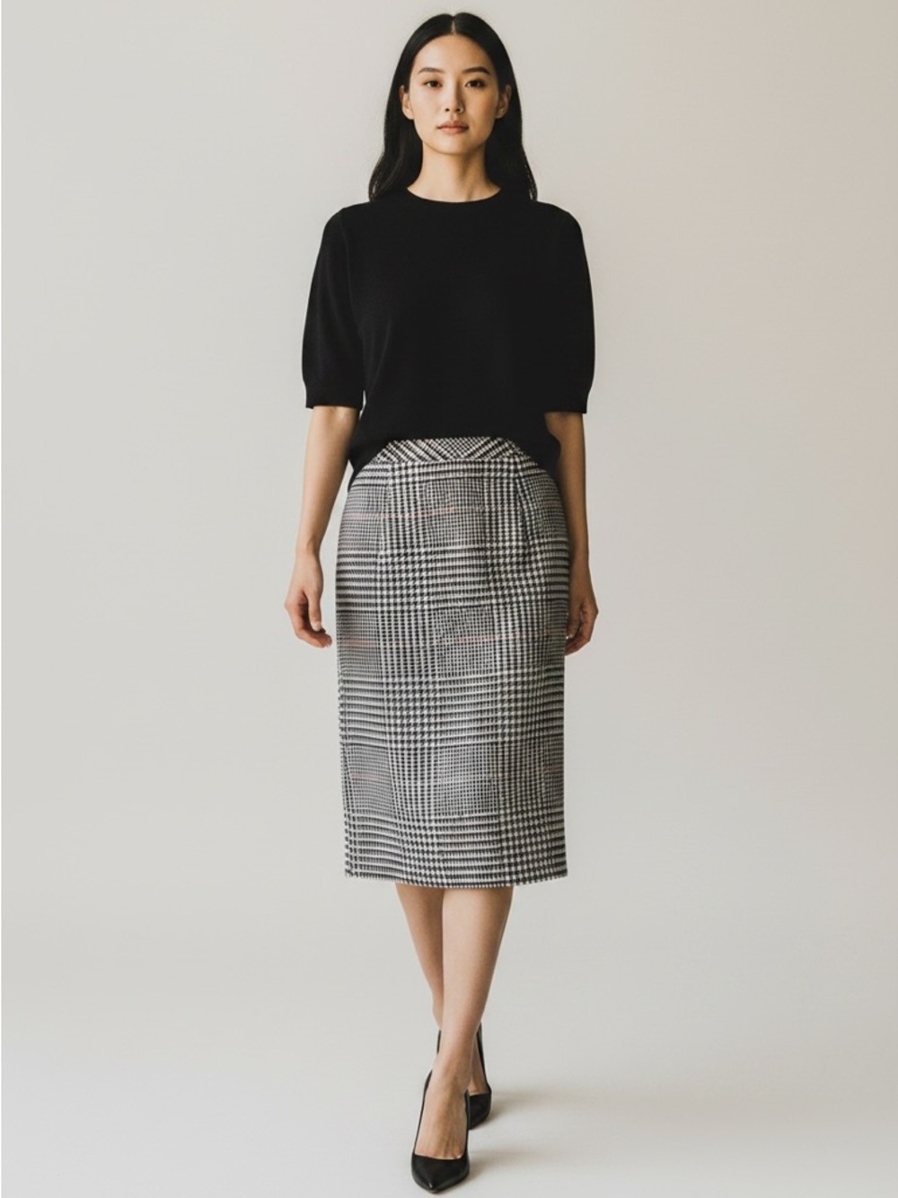 Talbots 100% Wool Skirt VTG Preppy‎  Houndstooth Plaid Black White Large 14